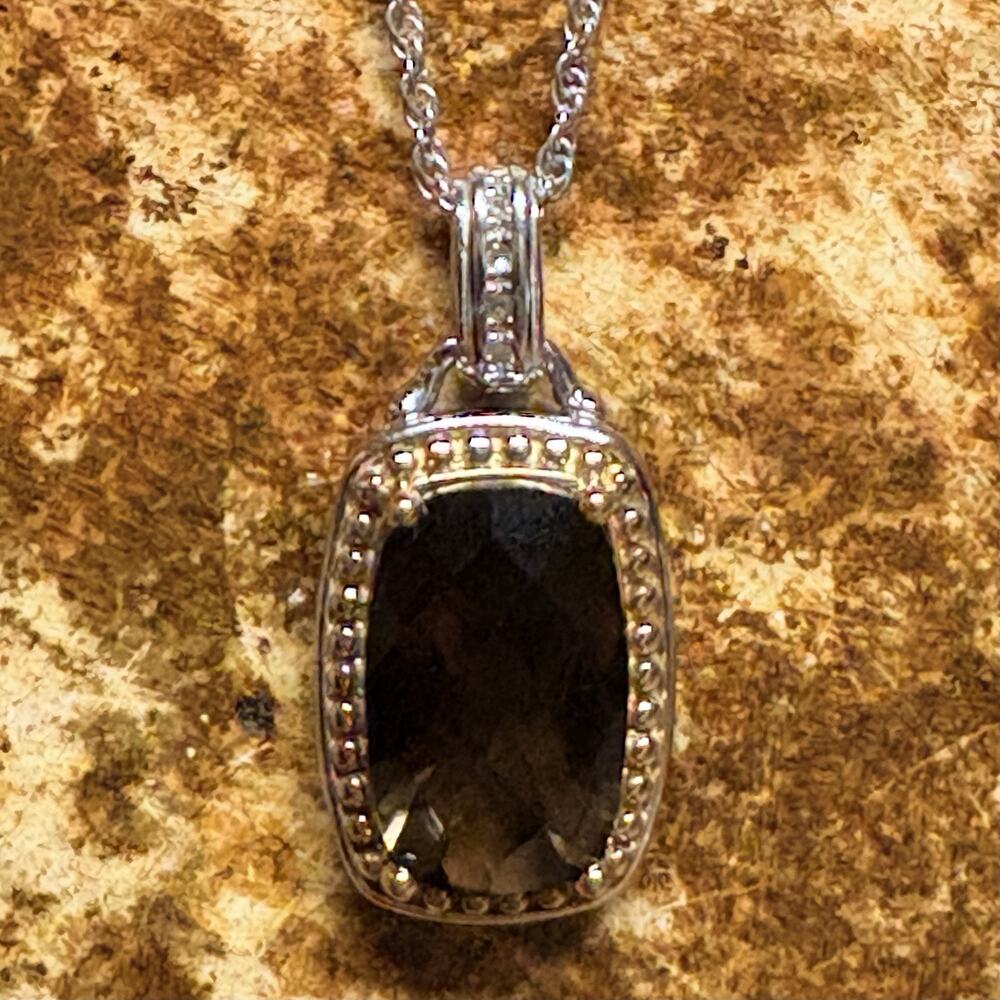 Sterling Silver, Gold Vermeil, Smoky Topaz & Diamond Necklace Marked NV 20 Inch